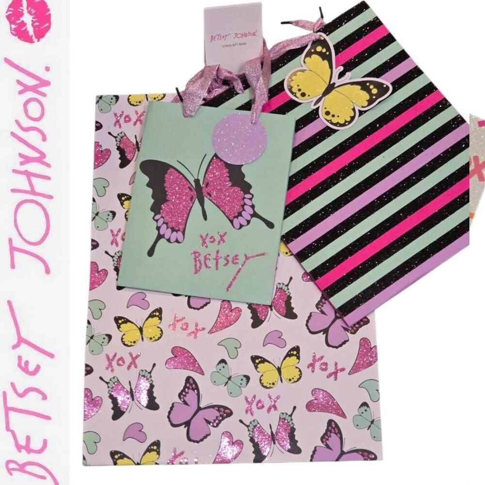 Betsey Johnson XOX Butterflies & Striped 3-PC Gift Bag & Tag Set